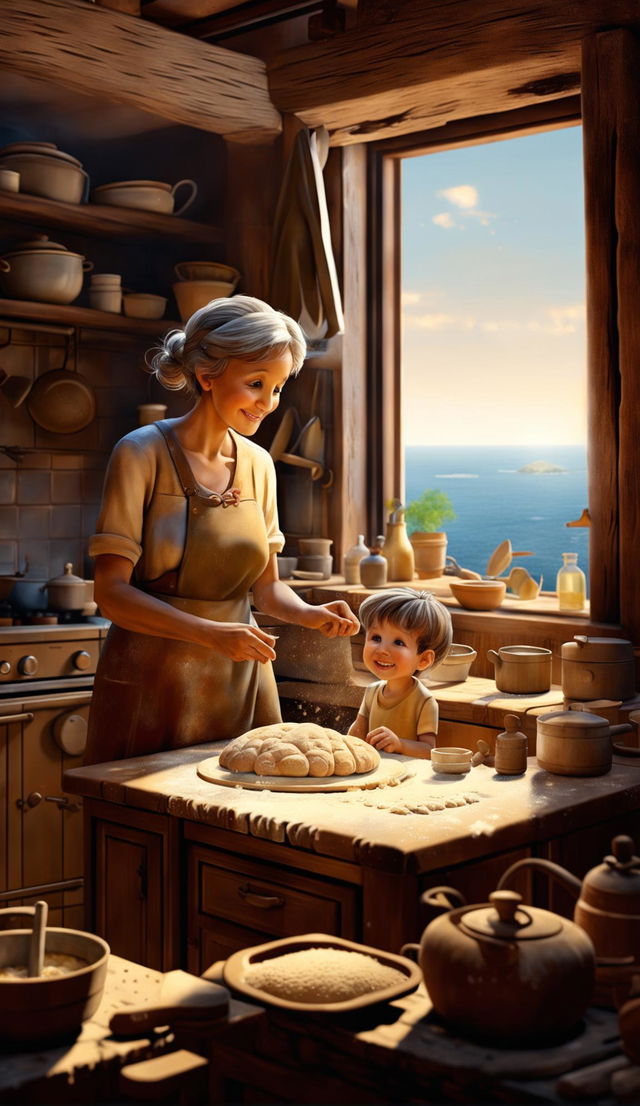 A high-definition digital art piece depicting a grandmother and her grandchild making bread in a warm, rustic Mediterranean kitchen