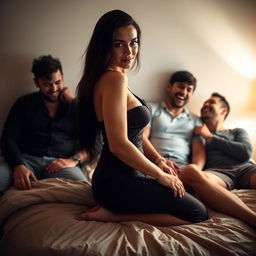 An intimate scene featuring a woman with long dark hair in a softly lit room