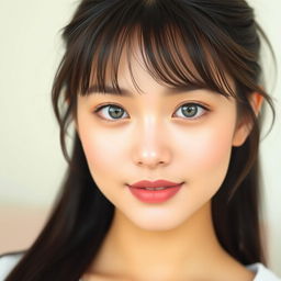 A young woman with an oval face, featuring light-colored almond eyes and wispy bangs that elegantly frame her straight dark hair tied in a ponytail
