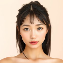 A young woman with an oval face, featuring light-colored almond eyes and wispy bangs that elegantly frame her straight dark hair tied in a ponytail