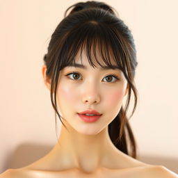 A young woman with an oval face, featuring light-colored almond eyes and wispy bangs that elegantly frame her straight dark hair tied in a ponytail