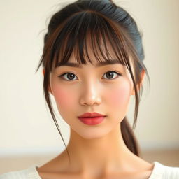 A young woman with an oval face, featuring light-colored almond eyes and wispy bangs that elegantly frame her straight dark hair tied in a ponytail