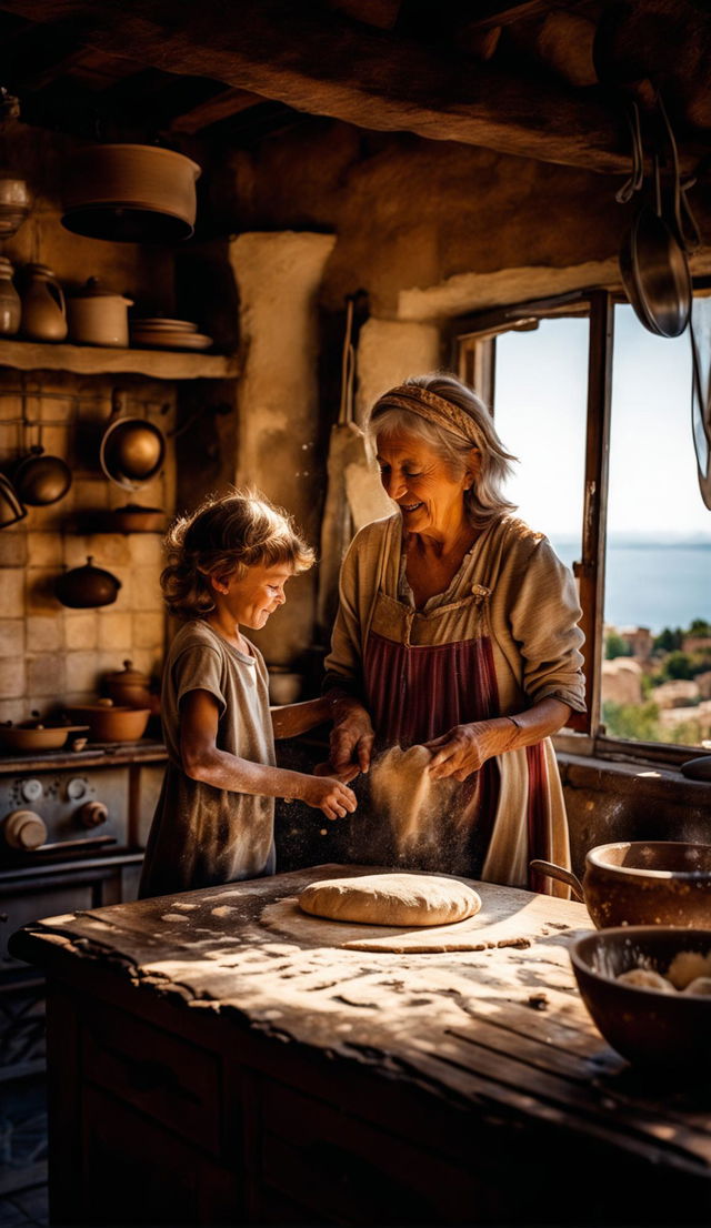 An exquisite photograph, taken with a Nikon camera and a wide-angle lens, captures a tender moment in a rustic Mediterranean kitchen