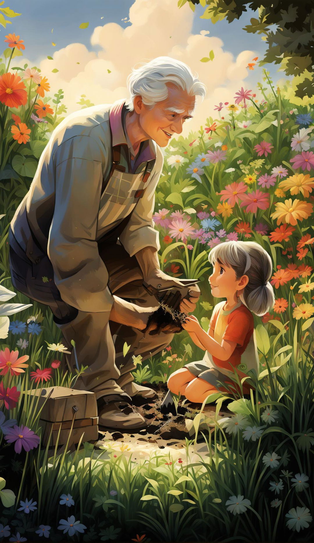 This is a high-definition, digital art image depicting a 60-year-old grandfather teaching his 8-year-old granddaughter how to garden