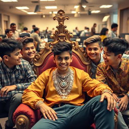 A teenager wearing luxurious jewelry, commanding attention as he sits on an ornate throne, surrounded by five of his boy friends who are laughing and enjoying the moment