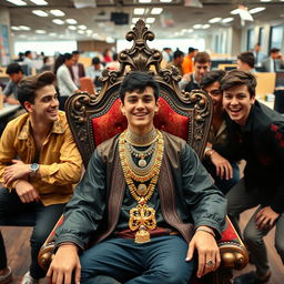 A teenager wearing luxurious jewelry, commanding attention as he sits on an ornate throne, surrounded by five of his boy friends who are laughing and enjoying the moment