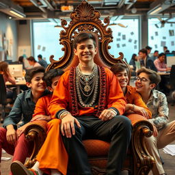 A teenager wearing luxurious jewelry, commanding attention as he sits on an ornate throne, surrounded by five of his boy friends who are laughing and enjoying the moment