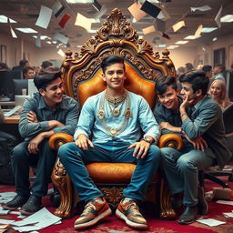 A teenager sitting on an ornate throne, adorned with luxurious jewelry, exuding confidence as he is surrounded by five of his boy friends who are engaging in a lively and spirited conversation