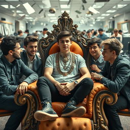 A teenager sitting on an ornate throne, adorned with luxurious jewelry, exuding confidence as he is surrounded by five of his boy friends who are engaging in a lively and spirited conversation