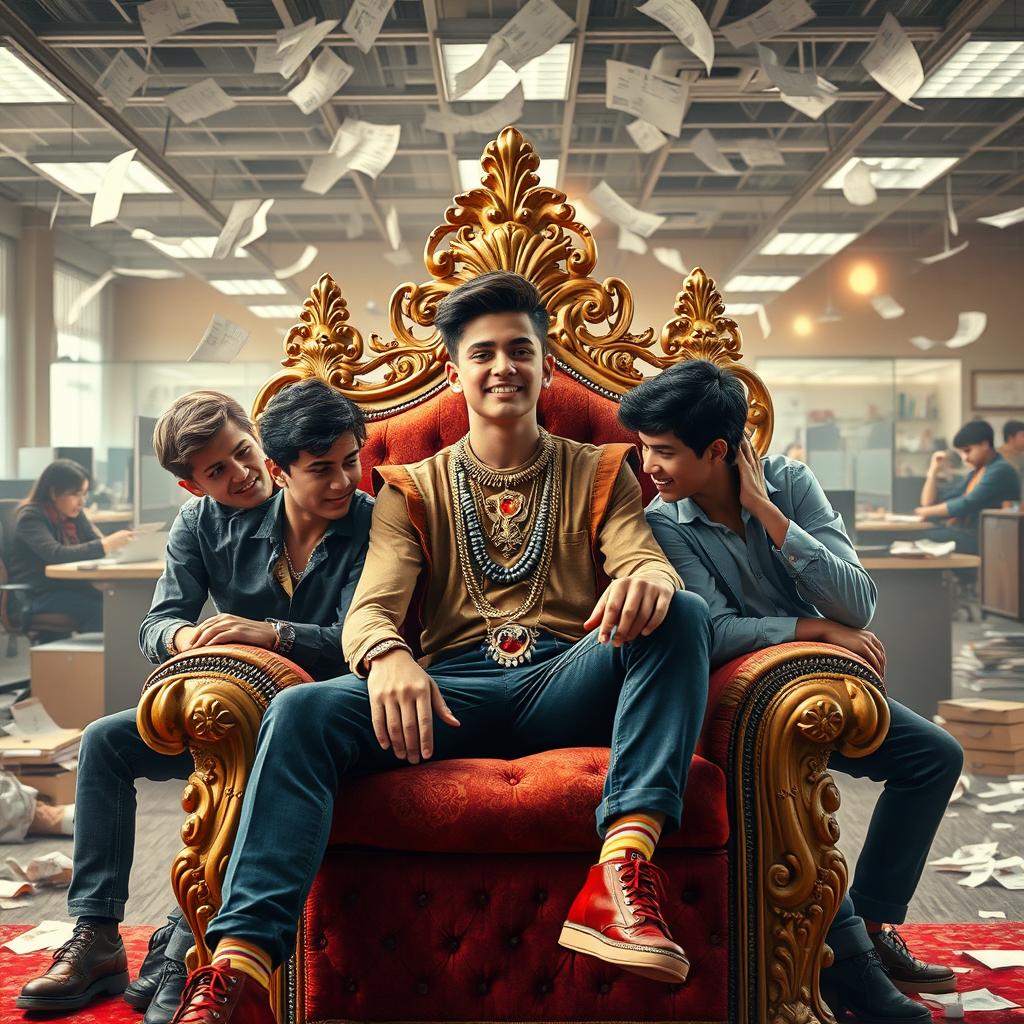 A teenager sitting on an ornate throne, adorned with luxurious jewelry, exuding confidence as he is surrounded by five of his boy friends who are engaging in a lively and spirited conversation