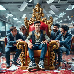A teenager sitting on an ornate throne, adorned with luxurious jewelry, exuding confidence as he is surrounded by five of his boy friends who are engaging in a lively and spirited conversation