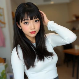 A young cute woman with long straight black hair and soft bangs framing her oval-shaped face