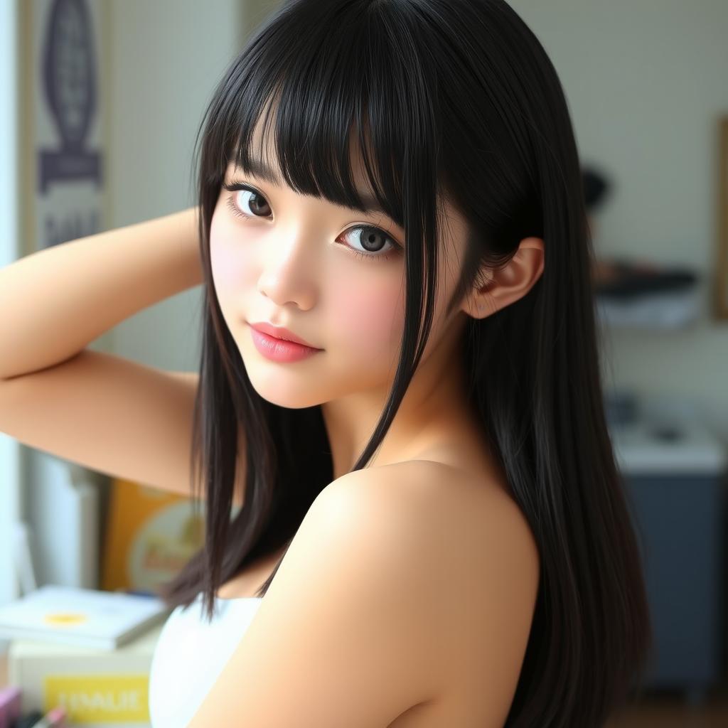 A young cute woman with long straight black hair and soft bangs framing her oval-shaped face