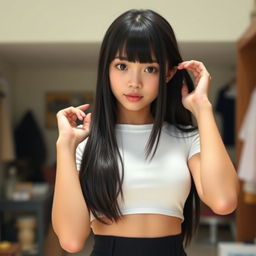 A young cute woman with long straight black hair and soft bangs framing her oval-shaped face