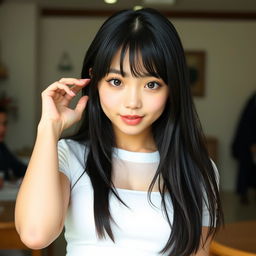 A young cute woman with long straight black hair and soft bangs framing her oval-shaped face