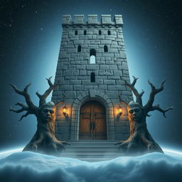 A surreal scene floating in the vastness of space featuring a majestic stone tower that stands forty feet tall and twenty feet square