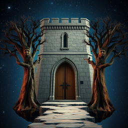 A surreal scene floating in the vastness of space featuring a majestic stone tower that stands forty feet tall and twenty feet square