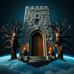 A surreal scene floating in the vastness of space featuring a majestic stone tower that stands forty feet tall and twenty feet square