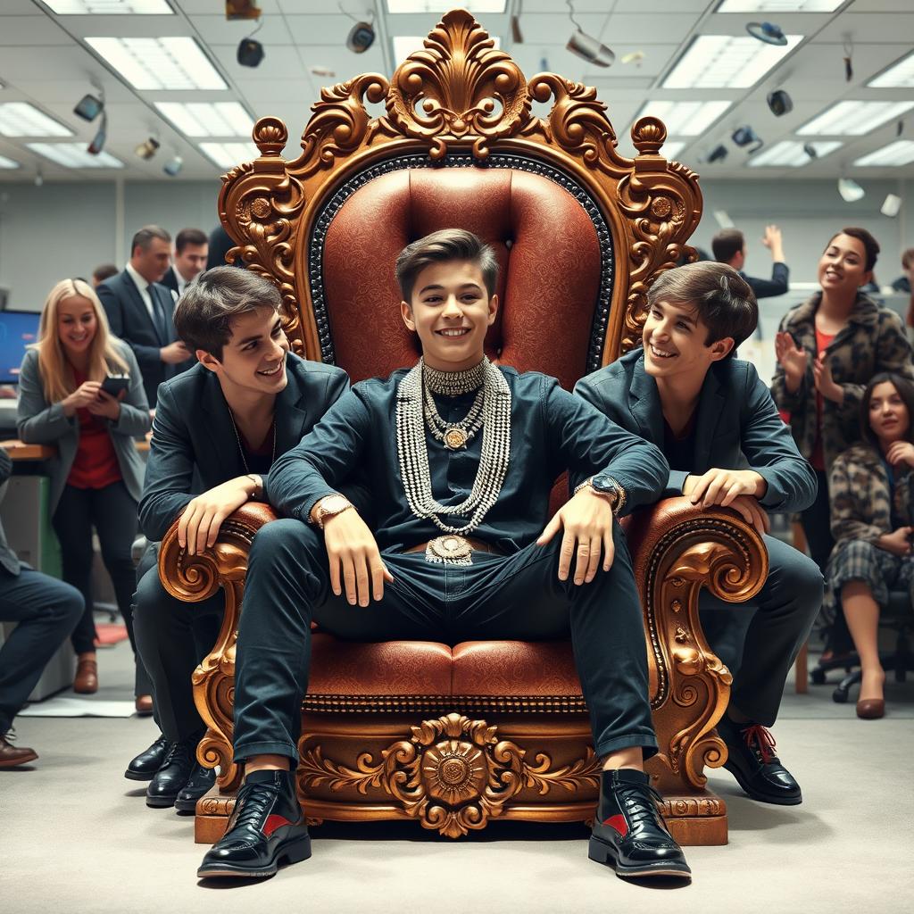 A teenager adorned with luxurious jewelry, confidently sitting on an ornate throne, surrounded by five of his boy friends who are engaged in lively conversation and laughter