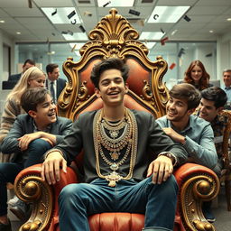A teenager adorned with luxurious jewelry, confidently sitting on an ornate throne, surrounded by five of his boy friends who are engaged in lively conversation and laughter