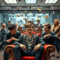 A teenager adorned with luxurious jewelry, confidently sitting on an ornate throne, surrounded by five of his boy friends who are engaged in lively conversation and laughter