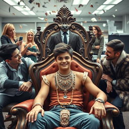 A teenager adorned with luxurious jewelry, confidently sitting on an ornate throne, surrounded by five of his boy friends who are engaged in lively conversation and laughter