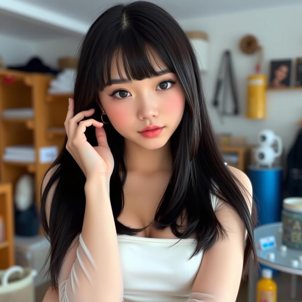 A young cute woman with long straight black hair and soft bangs framing her oval-shaped face