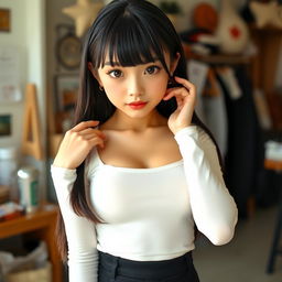 A young cute woman with long straight black hair and soft bangs framing her oval-shaped face