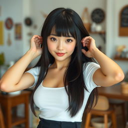 A young cute woman with long straight black hair and soft bangs framing her oval-shaped face