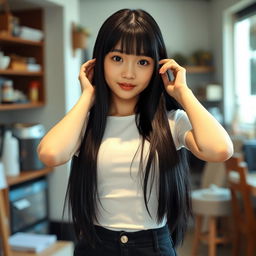 A young cute woman with long straight black hair and soft bangs framing her oval-shaped face