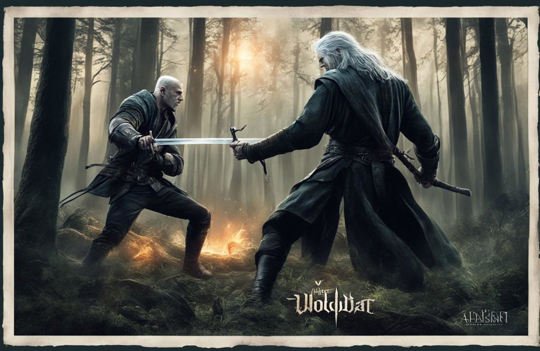 A high-quality digital art piece depicting a duel between Voldemort and Geralt in a dark forest