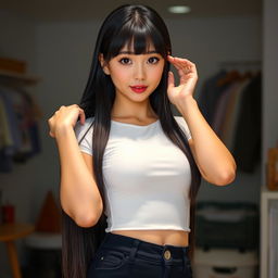 A young and cute woman with long straight black hair and soft bangs framing her oval-shaped face