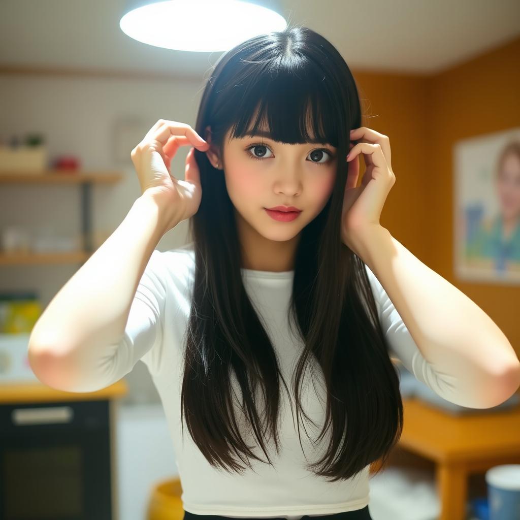 A young and cute woman with long straight black hair and soft bangs framing her oval-shaped face