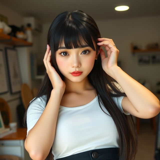 A young and cute woman with long straight black hair and soft bangs framing her oval-shaped face