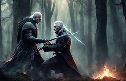 A high-quality digital art piece depicting a duel between Voldemort and Geralt in a dark forest