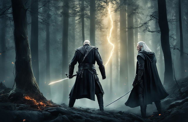 A high-quality digital art piece depicting a duel between Voldemort and Geralt in a dark forest