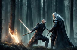 A high-quality digital art piece depicting a duel between Voldemort and Geralt in a dark forest