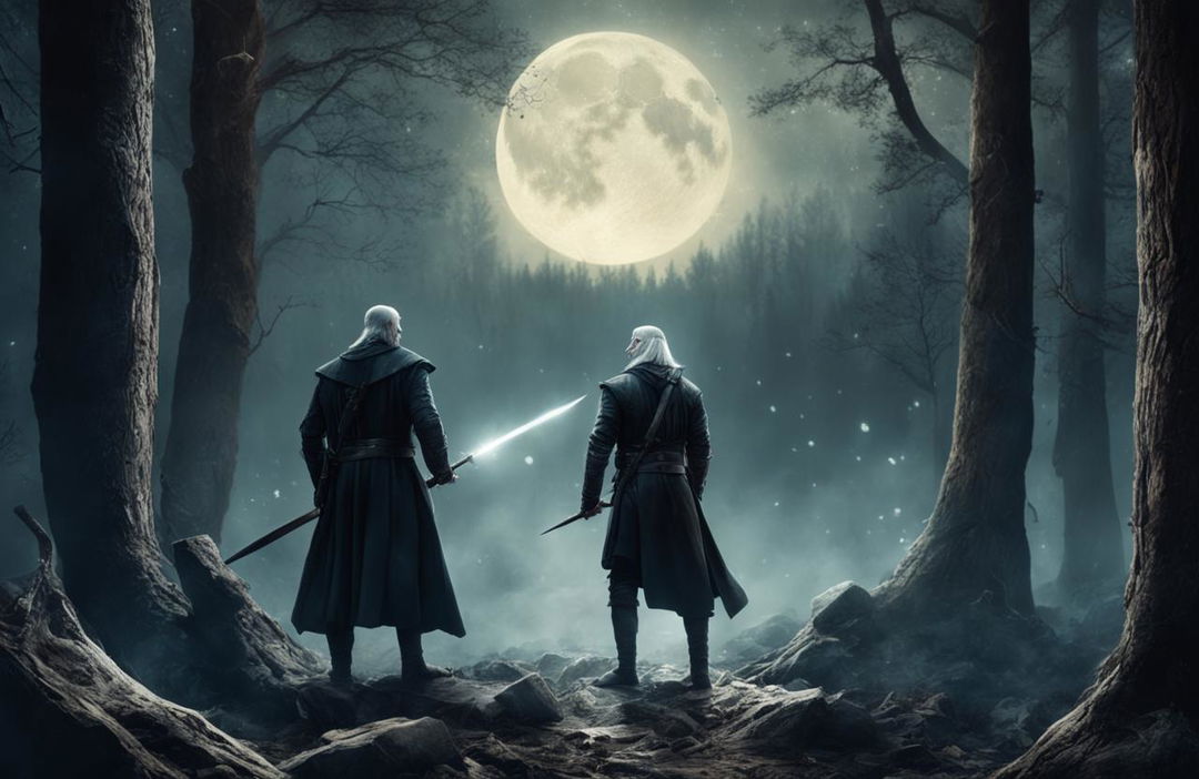 A meticulously crafted digital art piece showing a battle between Voldemort and Geralt in an eerie, moonlit forest