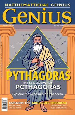 A magazine cover featuring Pythagoras, an ancient Greek mathematician and philosopher known for his significant contributions to mathematics, particularly in geometry and number theory