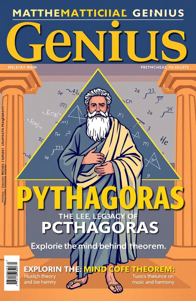 A magazine cover featuring Pythagoras, an ancient Greek mathematician and philosopher known for his significant contributions to mathematics, particularly in geometry and number theory
