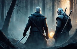 A meticulously crafted digital art piece showing a battle between Voldemort and Geralt in an eerie, moonlit forest