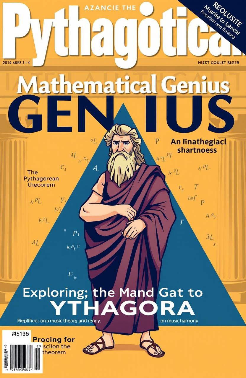 A magazine cover featuring Pythagoras, an ancient Greek mathematician and philosopher known for his significant contributions to mathematics, particularly in geometry and number theory