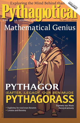 A magazine cover featuring Pythagoras, an ancient Greek mathematician and philosopher known for his significant contributions to mathematics, particularly in geometry and number theory