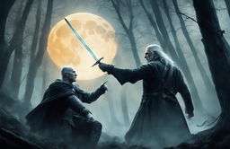 A meticulously crafted digital art piece showing a battle between Voldemort and Geralt in an eerie, moonlit forest