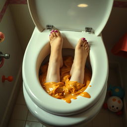 A humorous, surreal scene depicting a pair of elegant women's feet awkwardly placed inside an open toilet bowl