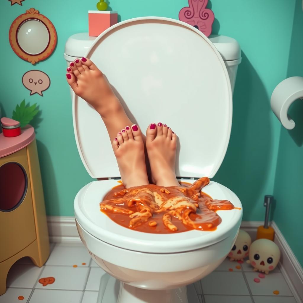 A humorous, surreal scene depicting a pair of elegant women's feet awkwardly placed inside an open toilet bowl