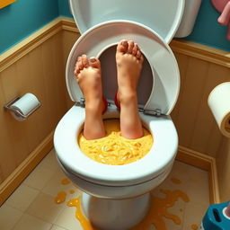 A humorous, surreal scene depicting a pair of elegant women's feet awkwardly placed inside an open toilet bowl