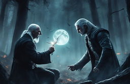 A meticulously crafted digital art piece showing a battle between Voldemort and Geralt in an eerie, moonlit forest