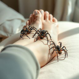 A striking and slightly surreal scene featuring elegantly manicured female feet, resting comfortably on a soft surface