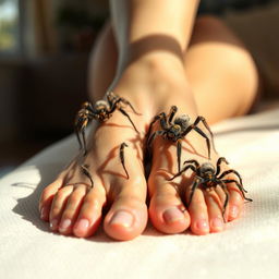 A striking and slightly surreal scene featuring elegantly manicured female feet, resting comfortably on a soft surface